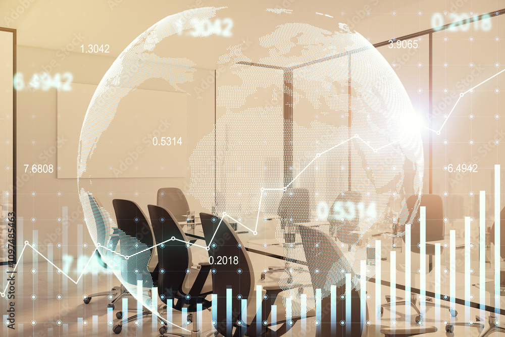 Poster double exposure of a modern office with holographic globe and data charts overlay, representing busi
