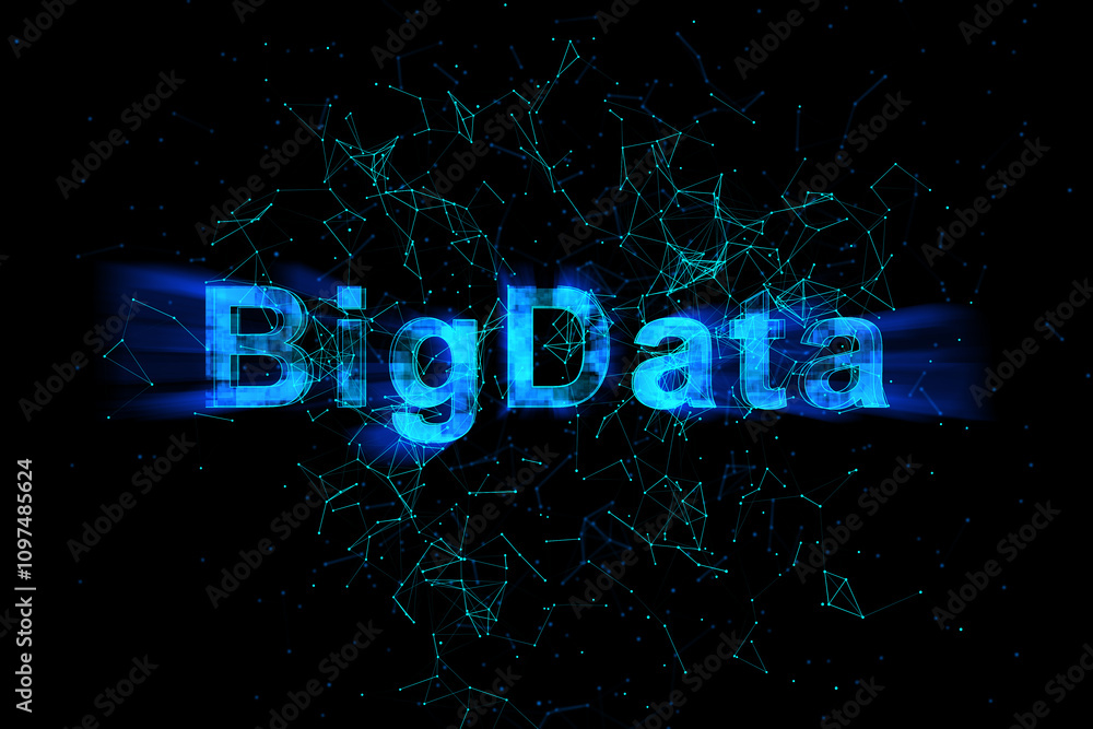 Poster Business analysis and future technologies concept with bright blue digital bigdata sign on dark background with glowing lines. 3D rendering