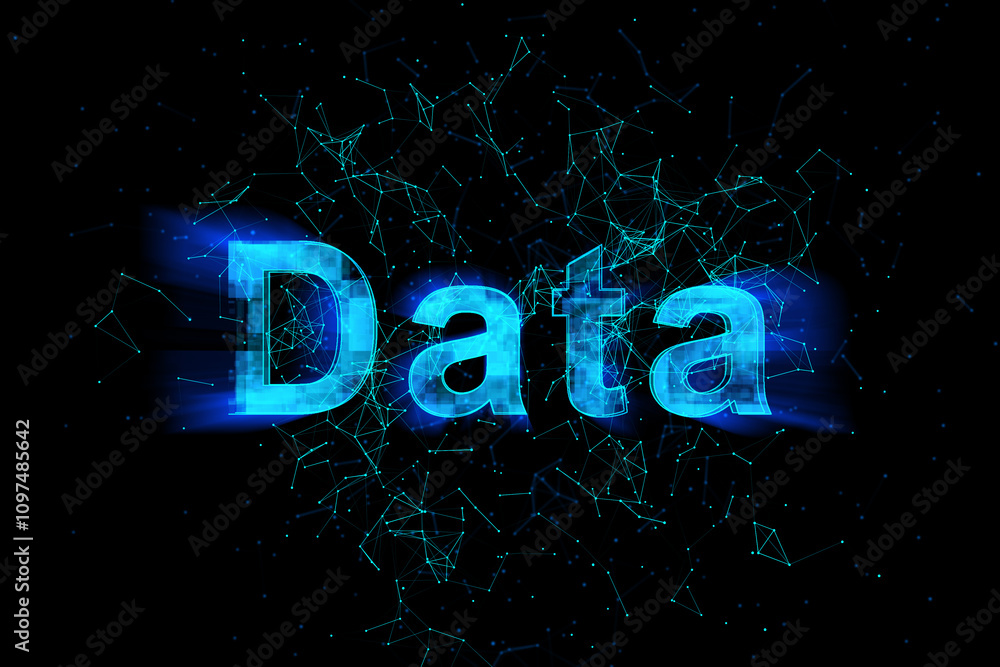 Poster Business analytics, development and future technologies concept with bright blue digital data sign on dark background with glowing lines. 3D rendering
