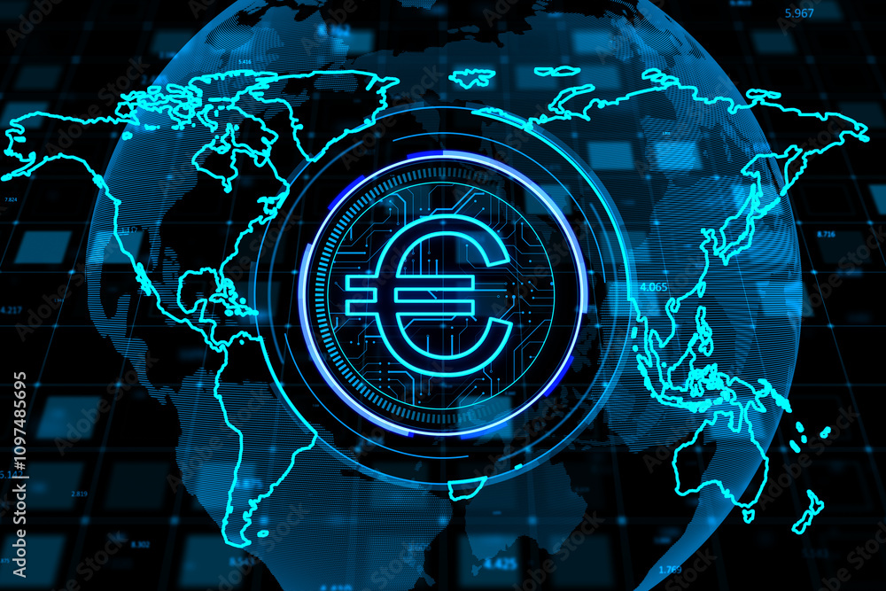 Poster digital money, exchange and global currency concept with blue euro symbol in a circle on abstract ba