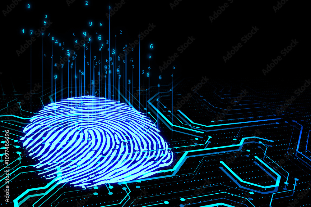 Fototapete Digital surface with blue fingerprint is integrated into the printed circuit and releasing binary codes on dark background. 3D rendering