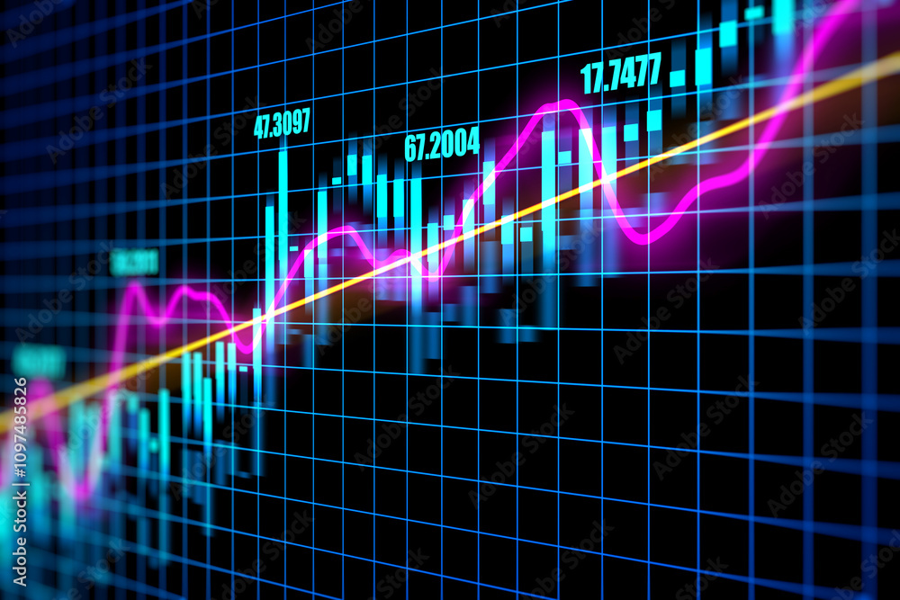 Poster stock market growth, stats data and analysis concept with perspective view on bright digital rising 