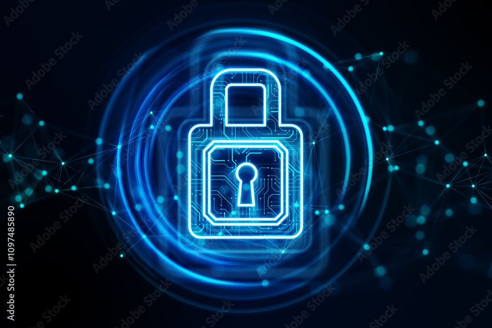 Poster cyber security, protection and technology safety concept with digital blue glowing padlock in sphere