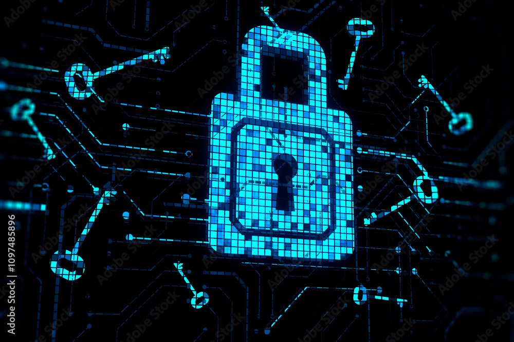 Aufkleber Cyber security and unlock system concept with perspective view on digital close padlock surrounded by blue keys on dark abstract background. 3D rendering