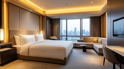 Fototapeta premium Modern hotel room with city view, king bed, sofa, and desk.