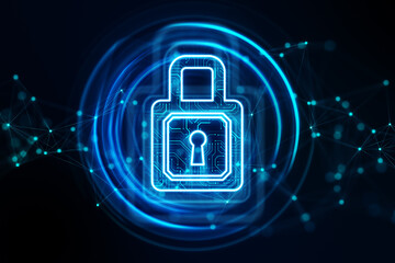 Cyber security, protection and technology safety concept with digital blue glowing padlock in sphere on dark background with blurred dots. 3D rendering