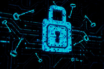 Cyber security and unlock system concept with perspective view on digital close padlock surrounded by blue keys on dark abstract background. 3D rendering