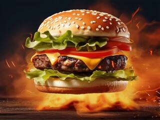 the AI Image Generator, Delicious Cheeseburger With Flaming Background