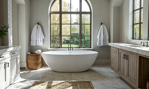 A serene bathroom featuring a freestanding tub and large window with natural light.
