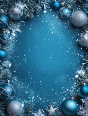 Festive Christmas wreath decorations frame Serene Snowy Night Backdrop with Silver Stars and Blue Ornaments Framing Blank Space for Winter-Themed Designs and Celebrations