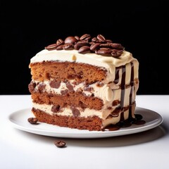 the AI Image Generator, Coffee Cream Cake Slice With Chocolate Drizzle and Beans