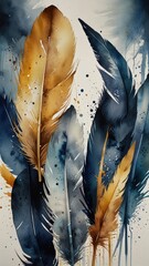 Elegant Feather Watercolor Art in Gold and Blue Tone