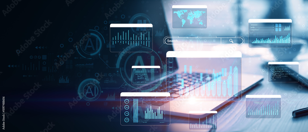 Poster digital trading graphs and financial data on transparent panels with a laptop in the background, ill