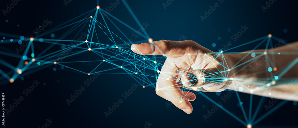 Poster hand pointing at a digital network with abstract connections on a dark blue background, representing