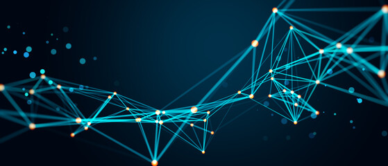 Abstract digital network connections forming geometric patterns on a dark blue background....