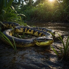 Anaconda emerging from a glowing Amazonian riverbank.

