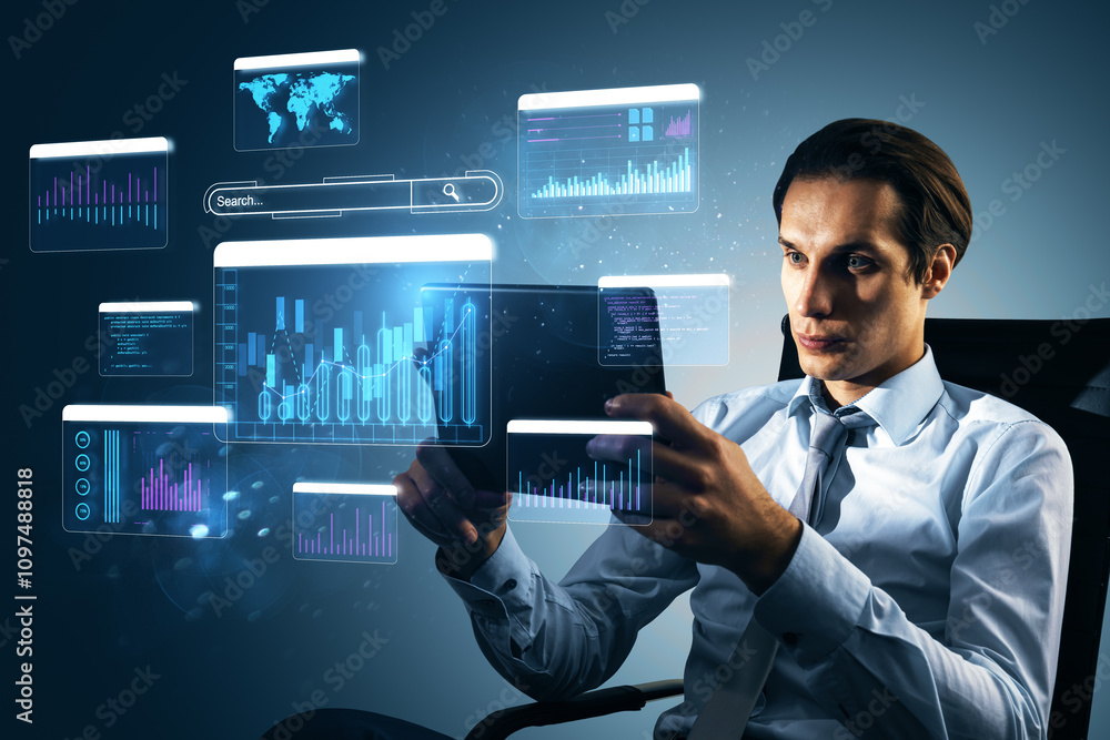 Poster Businessman analyzing financial data on tablet with digital charts and graphs surrounding him on a technology-driven background.