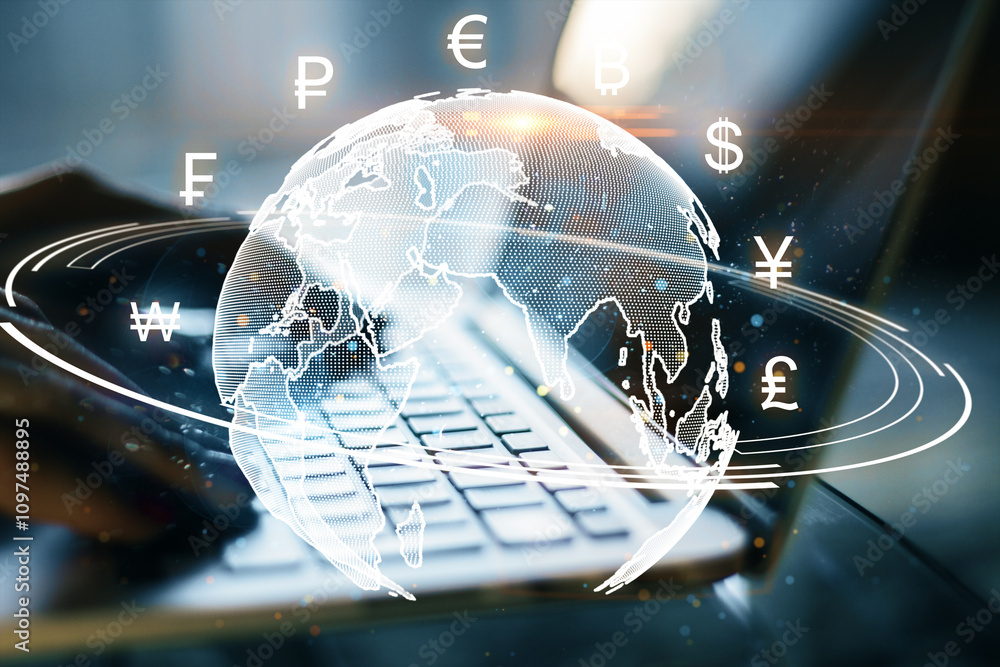 Poster Futuristic concept of global currency exchange displayed on a laptop screen with various currency symbols on a digital map.