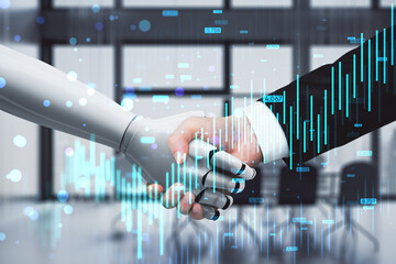 Robotic hand shaking hands with businessman in modern office setting, with financial graphs and data overlay, symbolizing fintech partnerships.