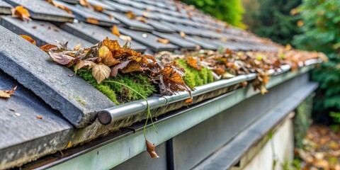 Autumn Leaves and Moss Clogging a Home's Gutter System