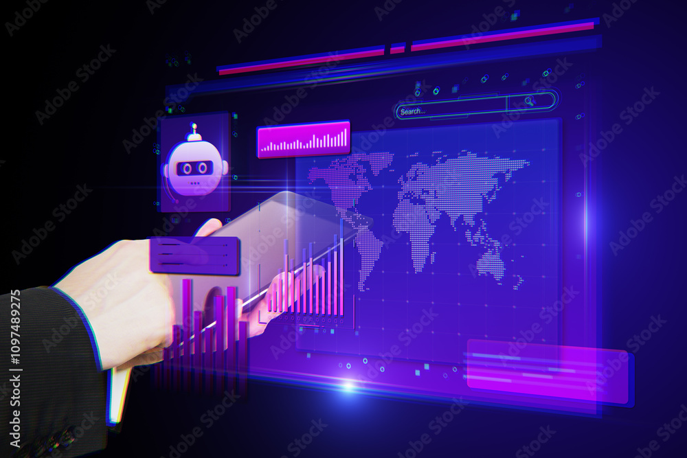 Poster digital financial interface with smartphone, graphs, and robot icon on vibrant background.