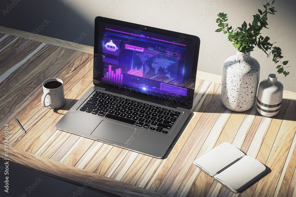 Poster laptop displaying financial data, ai bot, and market charts on a wooden desk with coffee, notebook, 