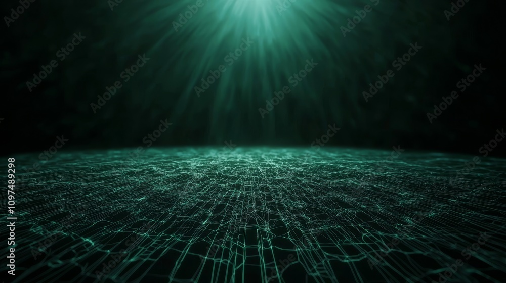 Poster futuristic abstract shimmering pixel art background in dark green with glowing lines and soft light 