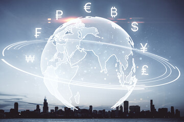 Digital globe with currency symbols over Chicago skyline, representing global finance and economic interconnectedness.