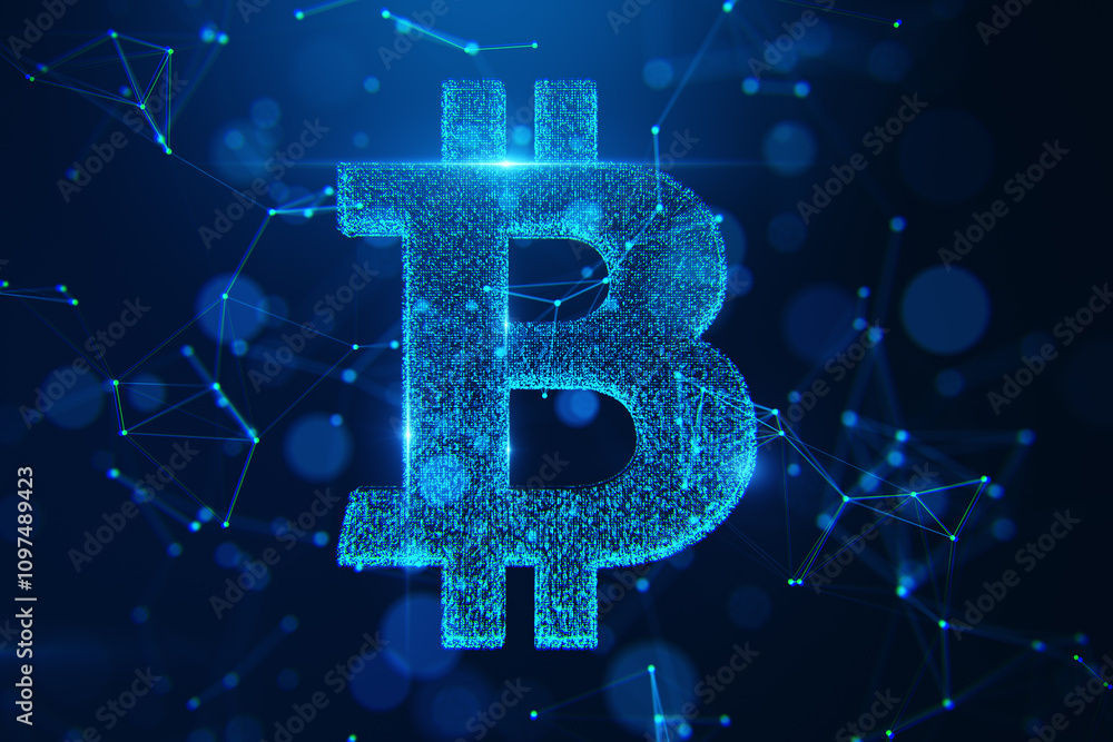 Poster Bitcoin symbol with glowing blue digital dots and network connections on dark backdrop. Modern cryptocurrency and blockchain concept. 3D Rendering