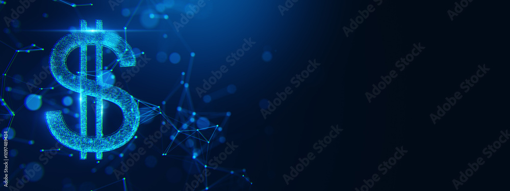 Poster Digital dollar sign icon with glowing blue dots on dark background. Futuristic technology concept with polygonal wireframe connections. 3D Rendering