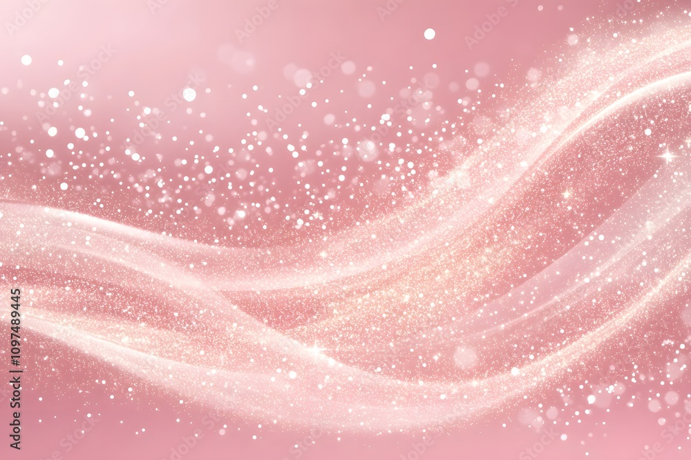 Poster a soft pink background with shimmering waves and sparkling particles.
