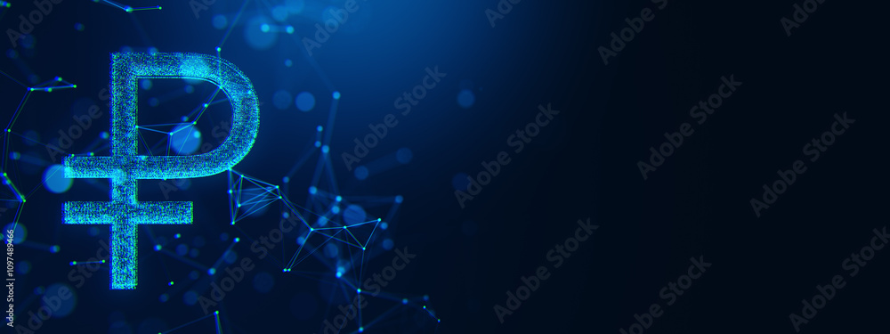 Fototapete digital ruble symbol glowing in neon blue on a dark polygonal background with connecting dots and li