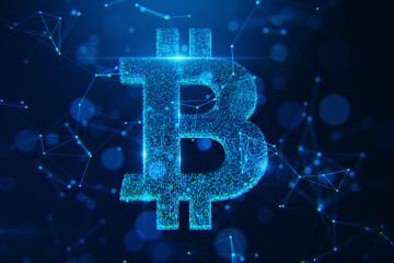 Bitcoin symbol with glowing blue digital dots and network connections on dark backdrop. Modern cryptocurrency and blockchain concept. 3D Rendering