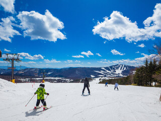 A family enjoying skiing on a sunny day (Sugadaira Kogen, Nagano, Japan)