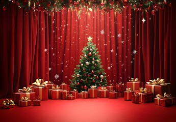 Christmas-red curtain stage with a Christmas tree and gifts backdrop, a theater background for a photo studio.