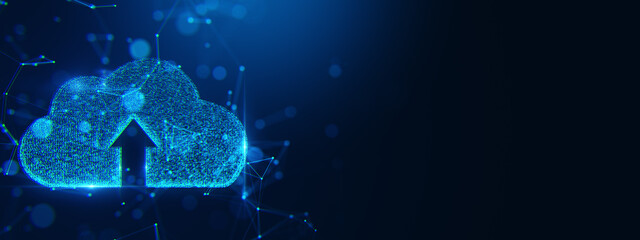 Fototapeta premium Neon cloud icon with upward arrow surrounded by glowing connections on a dark blue digital background. Concept of online data storage. 3D Rendering