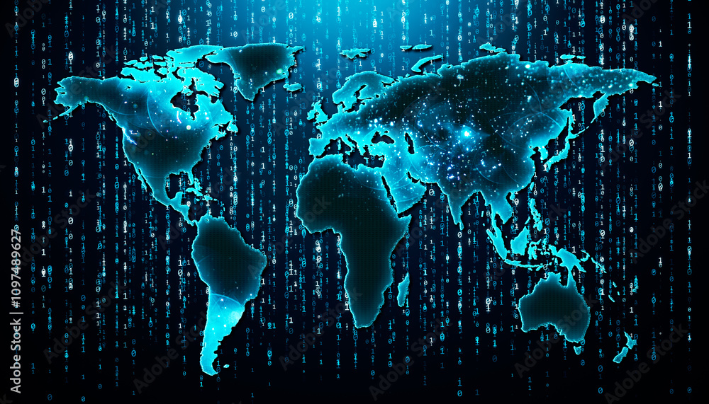 Fototapete Digital glowing world map with binary code background in blue hues. 3D Rendering