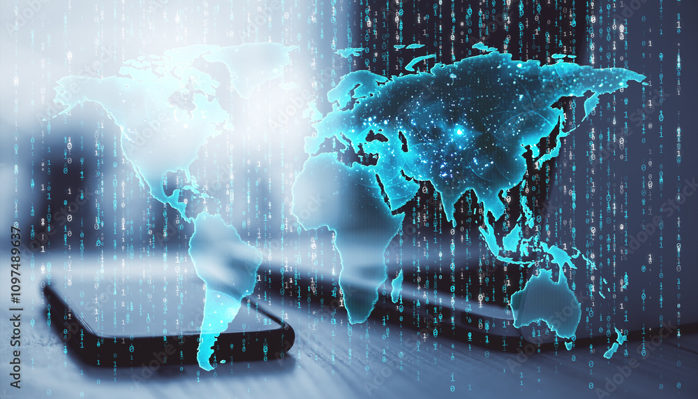 Poster Digital world map overlay with binary data and smartphone on blurred background, concept of global technology and connectivity.