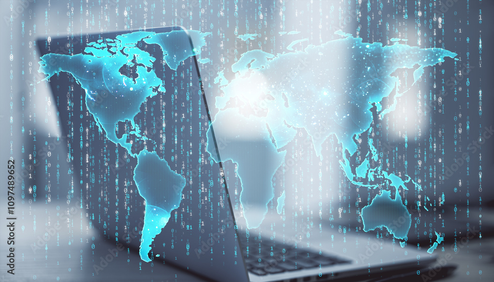 Aufkleber Digital world map hologram overlaying laptop on desk, binary data background representing global business and technology concept.