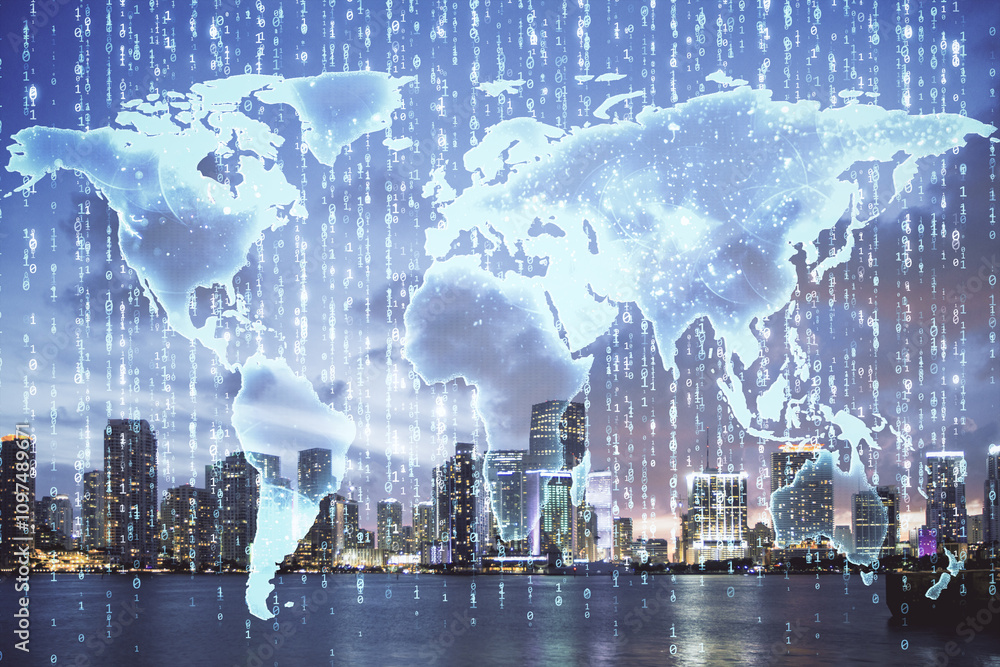 Poster holographic world map with digital data overlay above urban skyline at dusk.