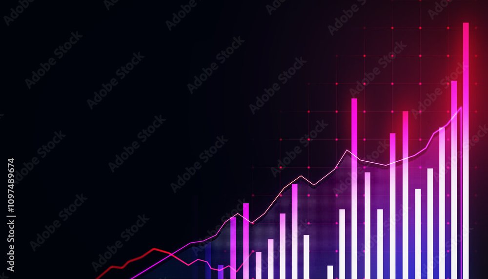 Poster Digital display of a pink and blue bar chart with ascending trend lines on a dark background. 3D Rendering
