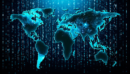 Digital glowing world map with binary code background in blue hues. 3D Rendering