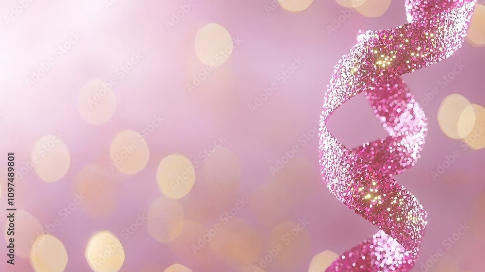 Poster holographic pink ribbon with glittery gradient and soft background blending into spiraling bokeh lig