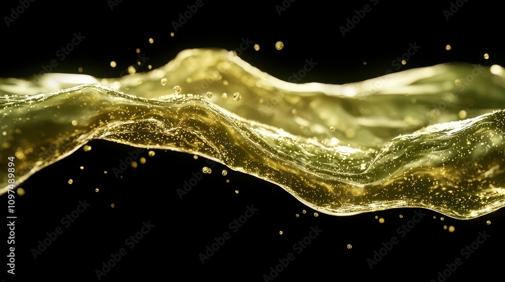 Aufkleber luminous abstract digital canvas with shimmering golden waves and sparkling particles on a black bac