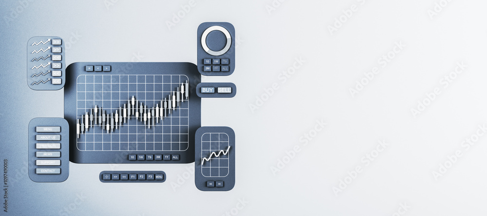 Poster Digital trading interface featuring candlestick charts and control buttons on a light background, representing financial growth and strategy. 3D Rendering