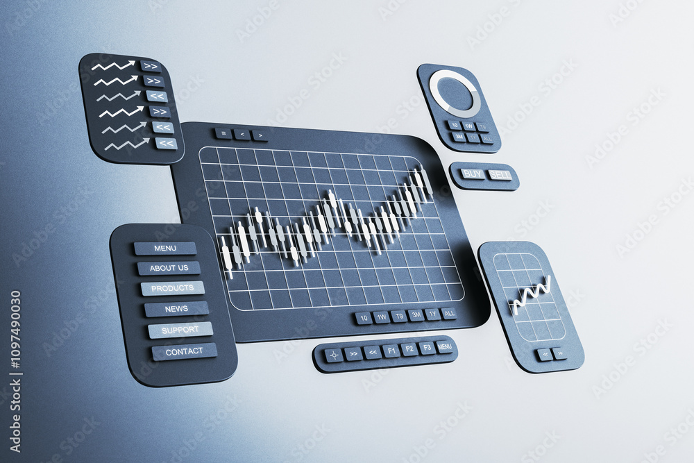 Poster Digital trading interface showing financial graphs, charts, and buttons on a light background, representing data analysis and strategy. 3D Rendering