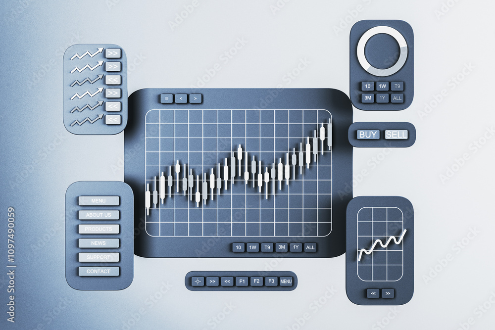 Poster Financial trading interface with candlestick chart and control buttons on a digital screen. Concept of market data and growth tracking. 3D Rendering