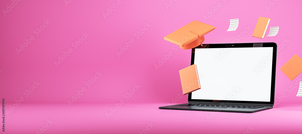Poster laptop with blank screen, floating books, and graduation cap on pink background. 3d rendering