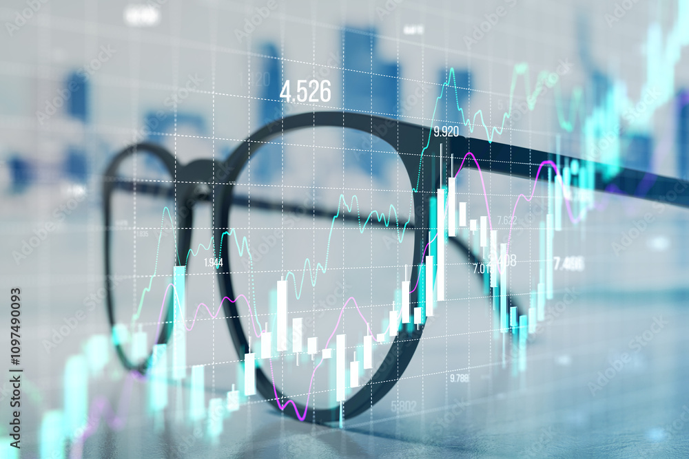 Poster financial data visualization with charts and graphs overlaying glasses on a blurred background. conc