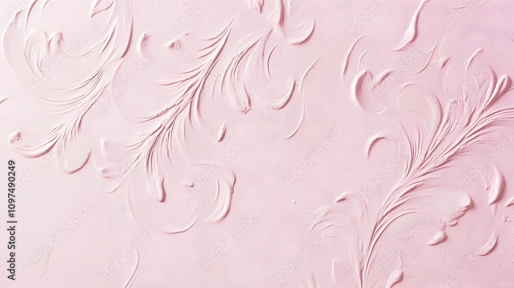 Poster a textured pink background with elegant, swirling patterns resembling feathers.